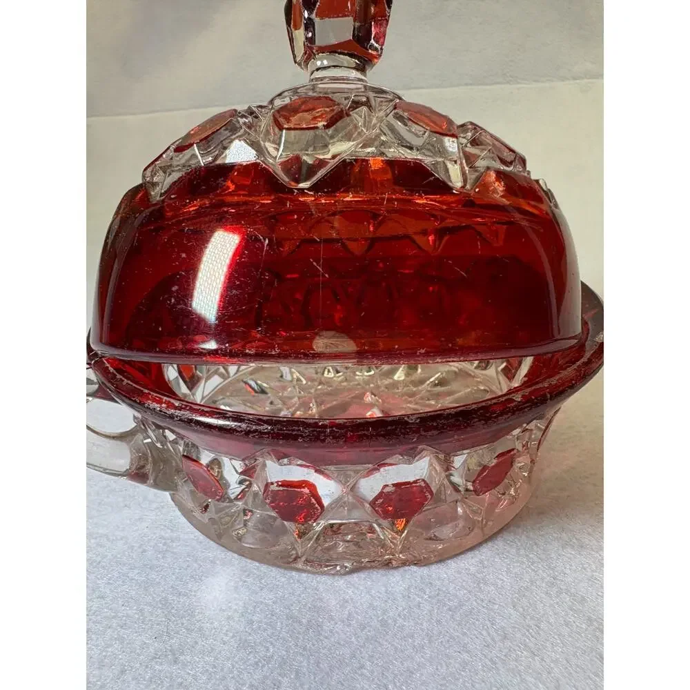 Ruby Stained Pressed Glass Covered Dish Vintage Two Handle Geometric Pattern